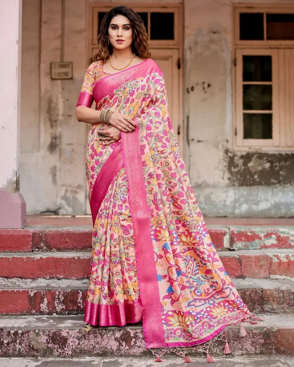 Peach_and_Fuchsia_Floral_Digital_Print_Tussar_Silk_Saree_with_Zari_Border_and_Paisley_Pallu