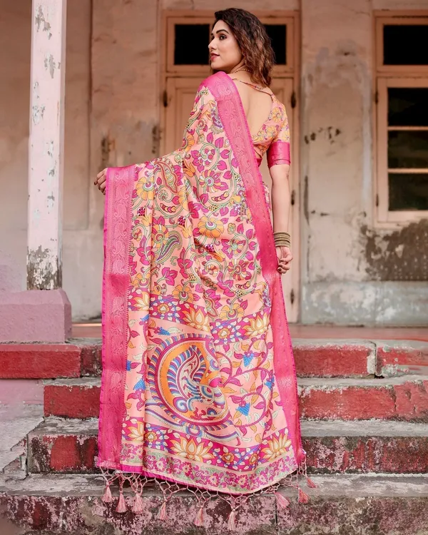 Peach_and_Fuchsia_Floral_Digital_Print_Tussar_Silk_Saree_with_Zari_Border_and_Paisley_Pallu