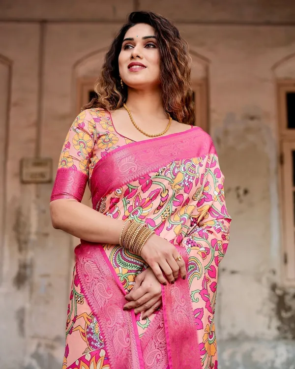 Peach_and_Fuchsia_Floral_Digital_Print_Tussar_Silk_Saree_with_Zari_Border_and_Paisley_Pallu