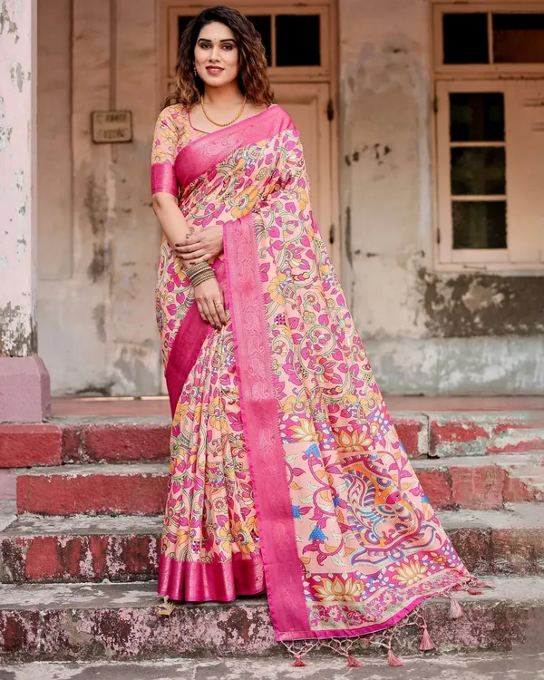 Peach_and_Fuchsia_Floral_Digital_Print_Tussar_Silk_Saree_with_Zari_Border_and_Paisley_Pallu