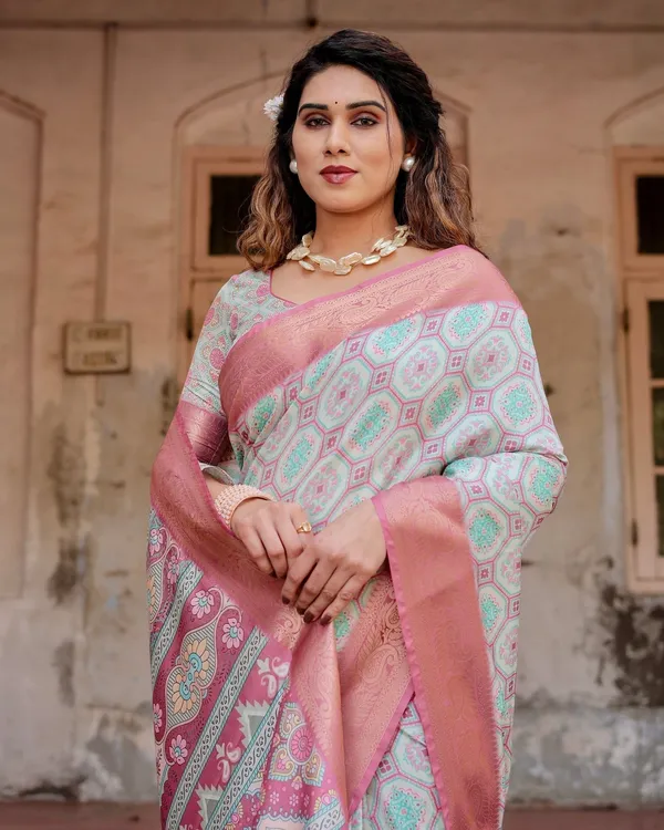 Pastel_Pink_and_Mint_Green_Geometric_Tussar_Silk_Saree_with_Zari_Paisley_Border