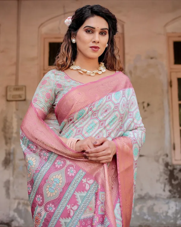 Pastel_Pink_and_Mint_Green_Geometric_Tussar_Silk_Saree_with_Zari_Paisley_Border