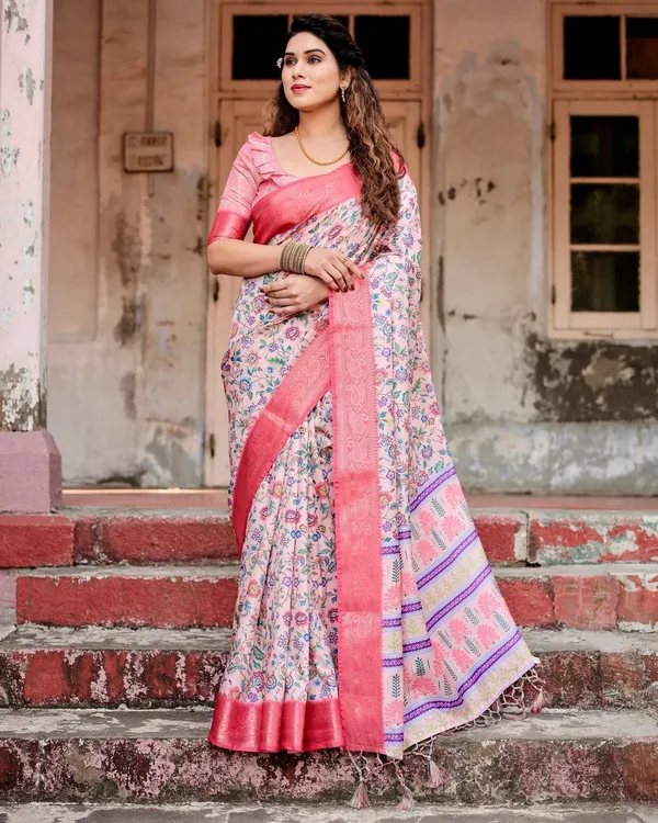 Blush_Pink_Tussar_Silk_Saree_with_Multicolor_Floral_Design_and_Zari_Paisley_Border