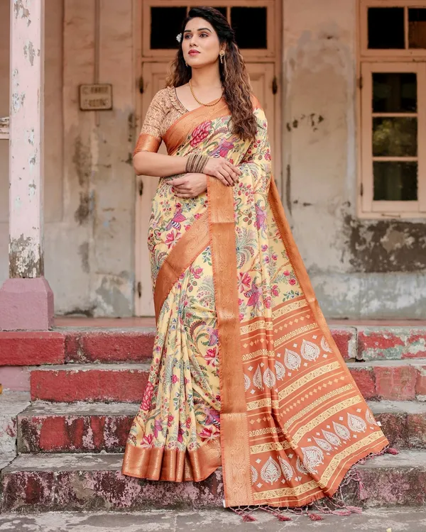 Golden_Beige_Tussar_Silk_Saree_with_Floral_Paradise_Print_and_Ornate_Zari_Border