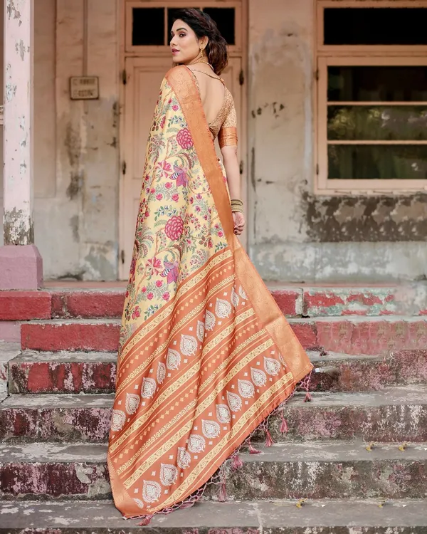 Golden_Beige_Tussar_Silk_Saree_with_Floral_Paradise_Print_and_Ornate_Zari_Border
