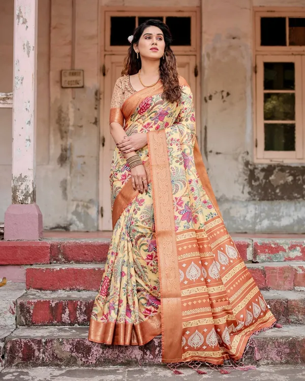 Golden_Beige_Tussar_Silk_Saree_with_Floral_Paradise_Print_and_Ornate_Zari_Border