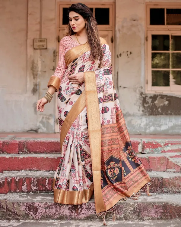 Ivory_Tussar_Silk_Saree_with_Artistic_Floral_Motifs_and_Gleaming_Golden_Zari_Border