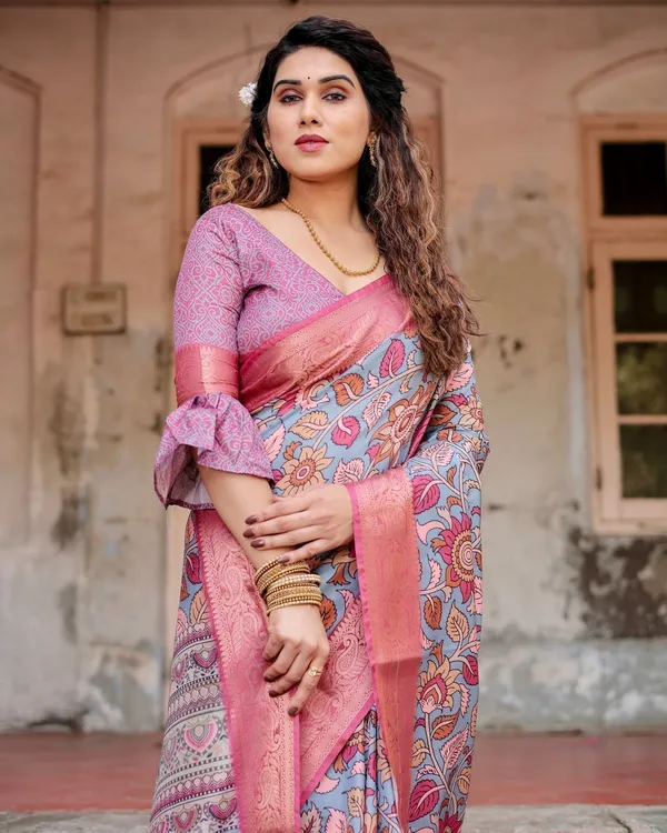 Graceful_Grey_Tussar_Silk_Saree_with_Pink_Zari_Border_and_Intricate_Floral_Motifs