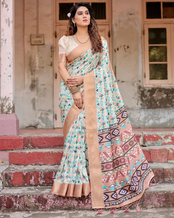 Contemporary_Beige_Tussar_Silk_Saree_with_Geometric_Triangle_Print_and_Golden_Zari_Border