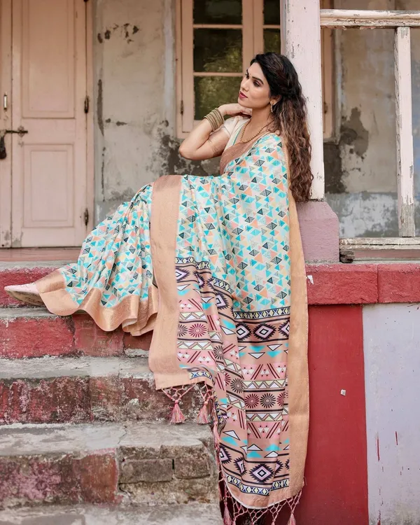 Contemporary_Beige_Tussar_Silk_Saree_with_Geometric_Triangle_Print_and_Golden_Zari_Border