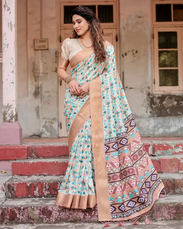 Contemporary_Beige_Tussar_Silk_Saree_with_Geometric_Triangle_Print_and_Golden_Zari_Border