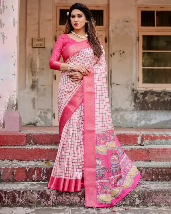 Pink_and_Ivory_Tussar_Silk_Saree_with_Golden_Zari_Border_and_Majestic_Elephant_Motif_Pallu