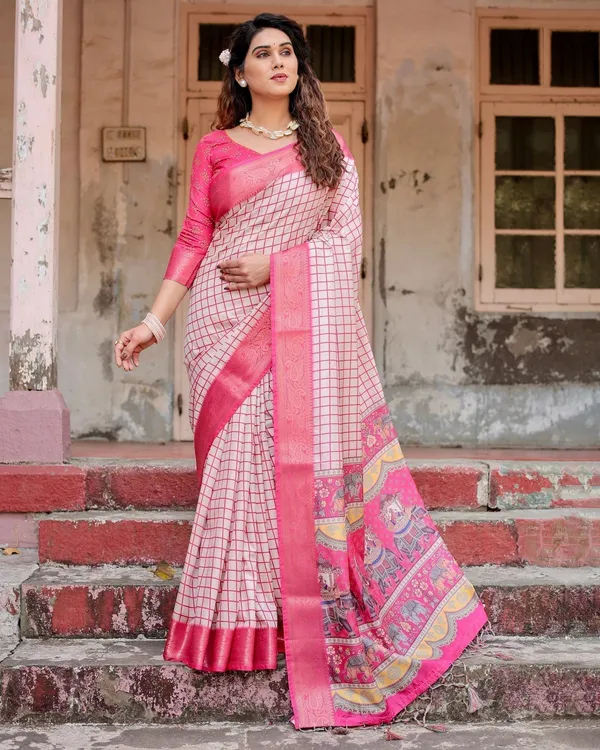 Pink_and_Ivory_Tussar_Silk_Saree_with_Golden_Zari_Border_and_Majestic_Elephant_Motif_Pallu