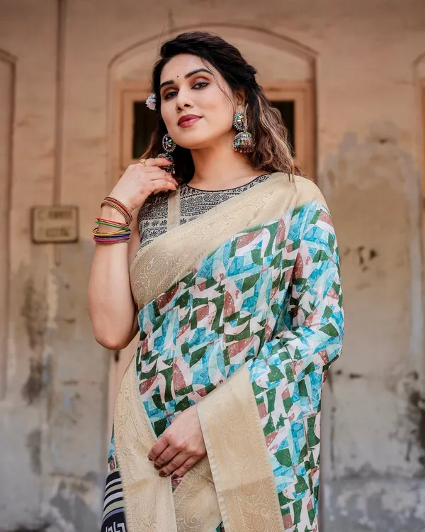 Gold_Contemporary_Abstract_Print_Saree_with_Gold_Border_and_Monochrome_Patterned_Pallu