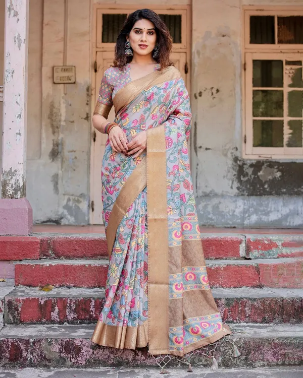 Exquisite_Gray_Floral_Digital_Print_Saree_with_Golden_Border_and_Ornamental_Pallu