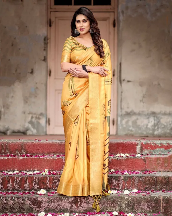 Golden_Yellow_Digital_Printed_Saree_with_Abstract_Patterns_and_Tassel_Detailing