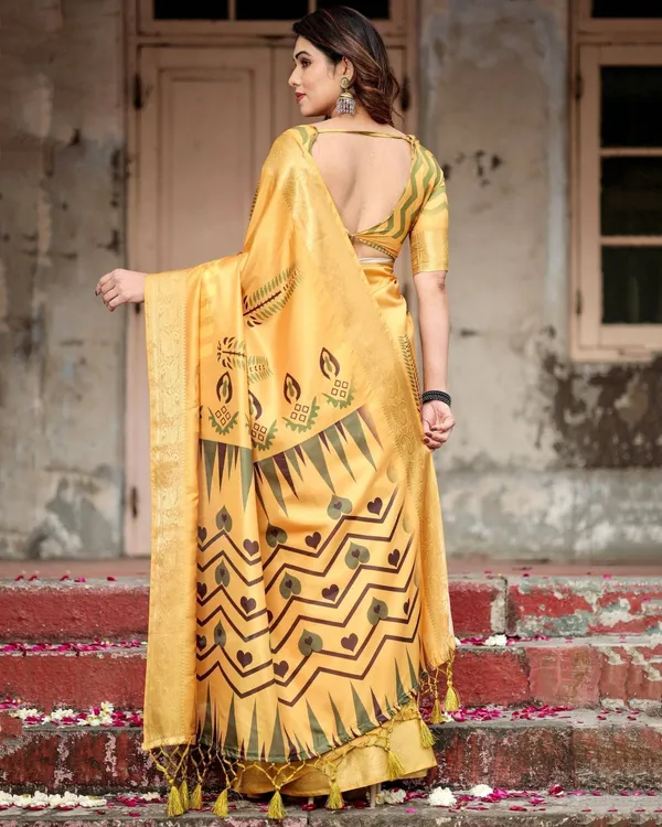 Golden_Yellow_Digital_Printed_Saree_with_Abstract_Patterns_and_Tassel_Detailing