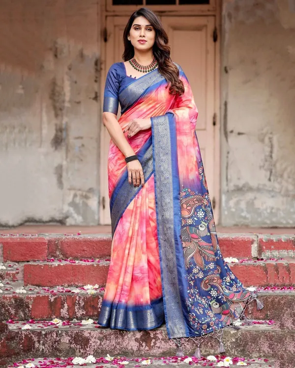 Pink_and_Blue_Digital_Printed_Saree_with_Peacock_Motif_and_Tassel_Detail