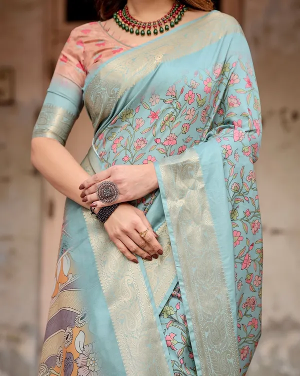 Sky_Blue_Tussar_Silk_Saree_with_Intricate_Zari_Border_and_Artistic_Pallu_Design