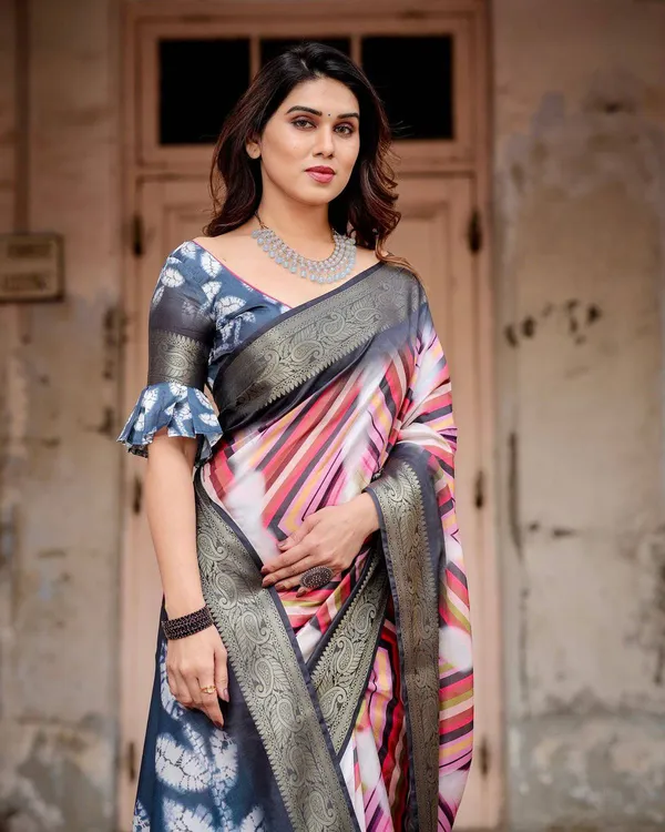 Geometric_Multicolor_Tussar_Silk_Saree_with_Charcoal_Gray_Zari_Border_and_Abstract_Pallu