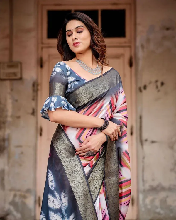 Geometric_Multicolor_Tussar_Silk_Saree_with_Charcoal_Gray_Zari_Border_and_Abstract_Pallu