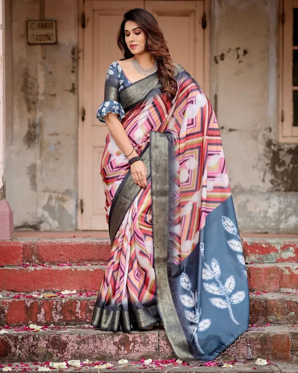 Geometric_Multicolor_Tussar_Silk_Saree_with_Charcoal_Gray_Zari_Border_and_Abstract_Pallu