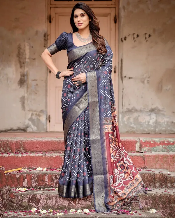 Navy_Blue_Tussar_Silk_Saree_with_Geometric_Patterns,_Zari_Border,_and_Vibrant_Pallu