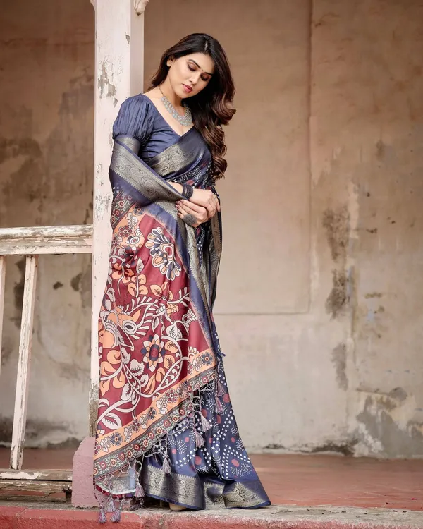 Navy_Blue_Tussar_Silk_Saree_with_Geometric_Patterns,_Zari_Border,_and_Vibrant_Pallu
