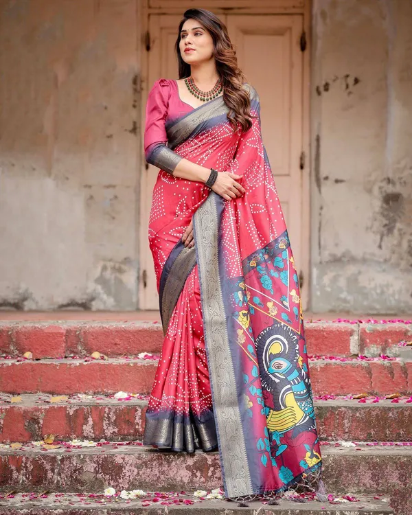 Crimson_Red_Tussar_Silk_Saree_with_Bandhani_Patterns,_Zari_Border,_and_Vibrant_Artistic_Pallu