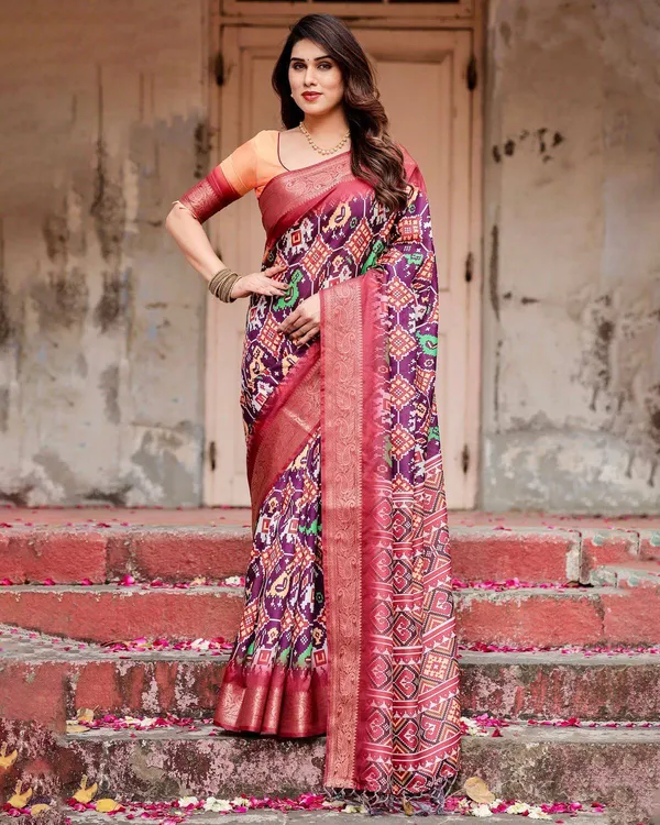 Wine_Purple_Tussar_Silk_Saree_with_Ikat-Inspired_Patterns_and_Rich_Zari_Border