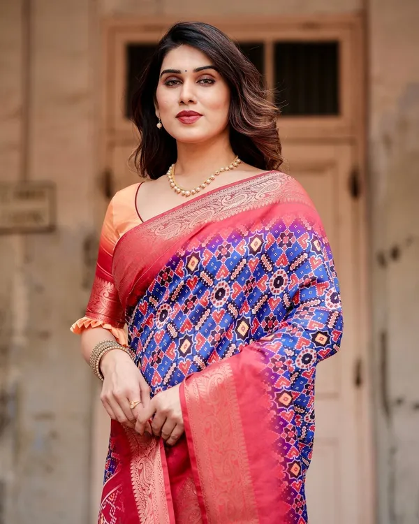 Royal_Blue_and_Red_Tussar_Silk_Saree_with_Geometric_Patterns_and_Ornate_Zari_Border