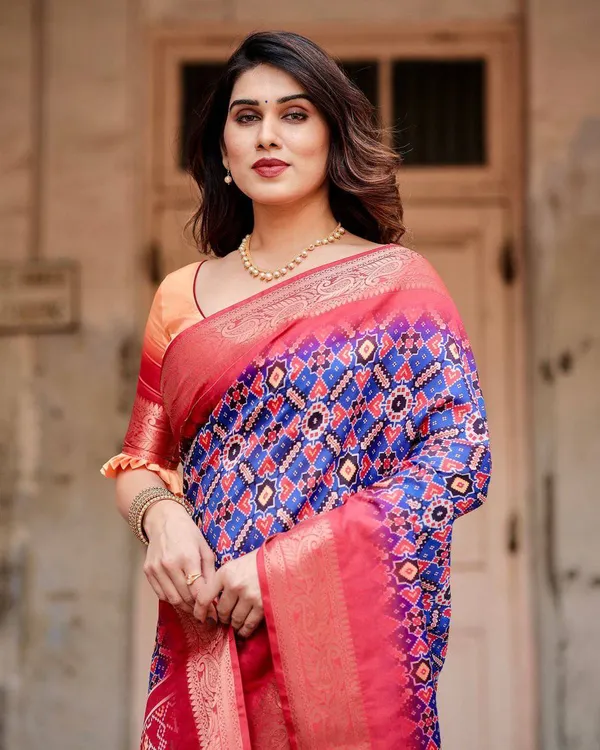 Royal_Blue_and_Red_Tussar_Silk_Saree_with_Geometric_Patterns_and_Ornate_Zari_Border