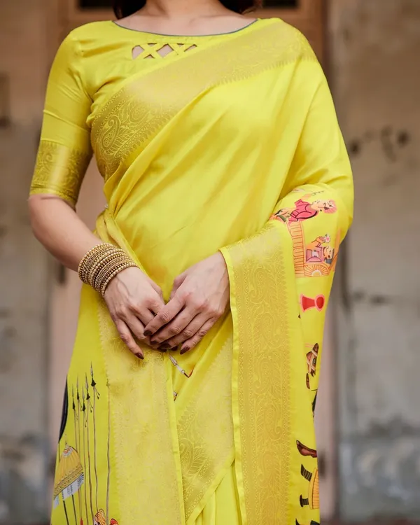 Vibrant_Yellow_Tussar_Silk_Saree_with_Royal_Procession_Pallu_and_Zari_Accents