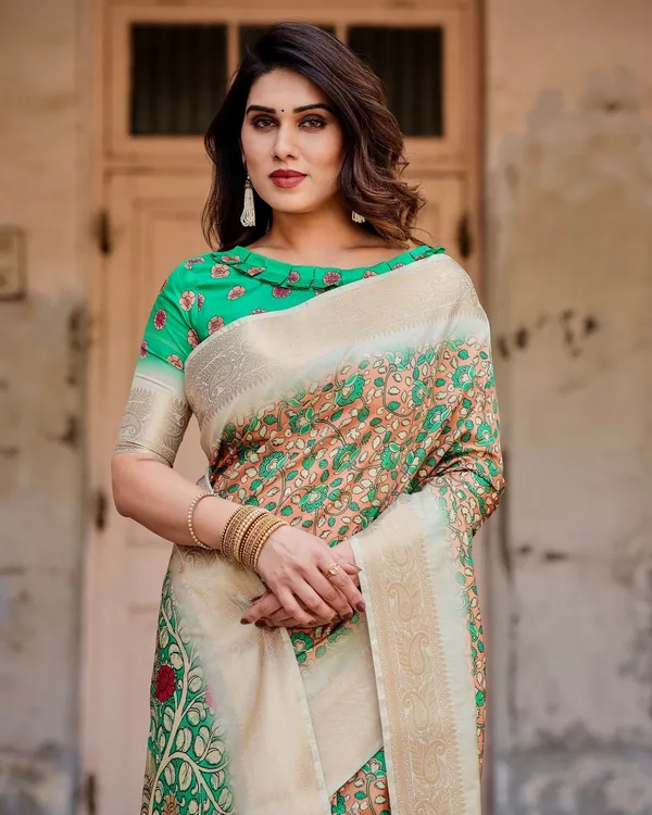 Emerald_Green_and_Gold_Tussar_Silk_Saree_with_Floral_and_Ornamental_Motifs