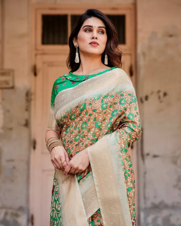 Emerald_Green_and_Gold_Tussar_Silk_Saree_with_Floral_and_Ornamental_Motifs