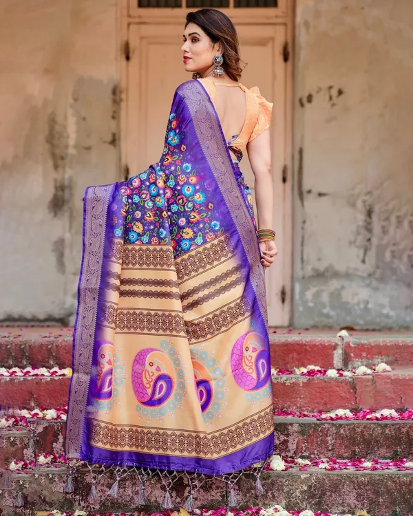 Royal_Purple_Tussar_Silk_Saree_with_Vibrant_Floral_Print_and_Peacock_Motif_Pallu