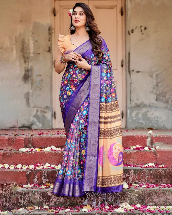 Royal_Purple_Tussar_Silk_Saree_with_Vibrant_Floral_Print_and_Peacock_Motif_Pallu