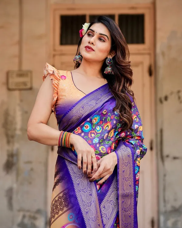 Royal_Purple_Tussar_Silk_Saree_with_Vibrant_Floral_Print_and_Peacock_Motif_Pallu