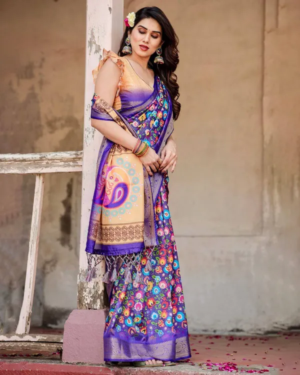 Royal_Purple_Tussar_Silk_Saree_with_Vibrant_Floral_Print_and_Peacock_Motif_Pallu
