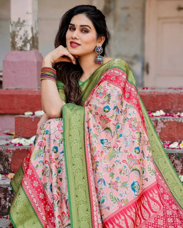Blush_Pink_and_Green_Tussar_Silk_Saree_with_Floral_Prints_and_Intricate_Zari_Work