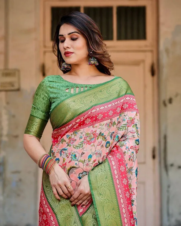 Blush_Pink_and_Green_Tussar_Silk_Saree_with_Floral_Prints_and_Intricate_Zari_Work