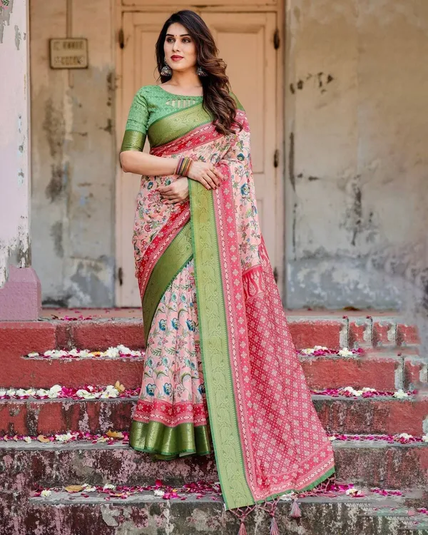 Blush_Pink_and_Green_Tussar_Silk_Saree_with_Floral_Prints_and_Intricate_Zari_Work