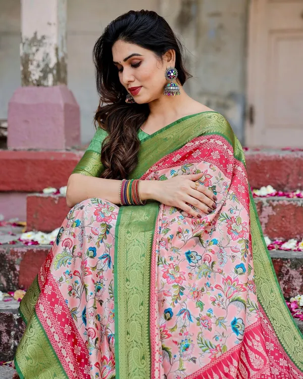Blush_Pink_and_Green_Tussar_Silk_Saree_with_Floral_Prints_and_Intricate_Zari_Work