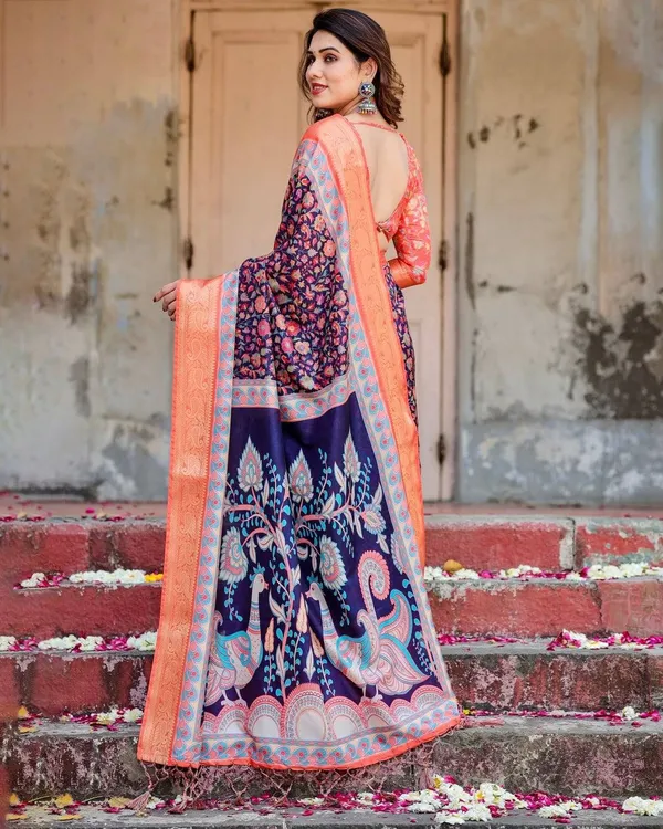 Navy_Blue_and_Peach_Tussar_Silk_Saree_with_Peacock_Motifs_and_Floral_Zari_Border