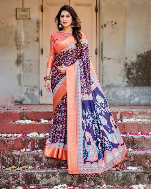 Navy_Blue_and_Peach_Tussar_Silk_Saree_with_Peacock_Motifs_and_Floral_Zari_Border