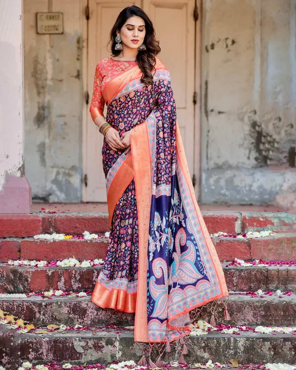 Navy_Blue_and_Peach_Tussar_Silk_Saree_with_Peacock_Motifs_and_Floral_Zari_Border