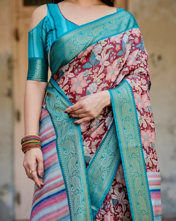 Maroon_and_Teal_Tussar_Silk_Saree_with_Floral_Zari_Weave_and_Striped_Pallu