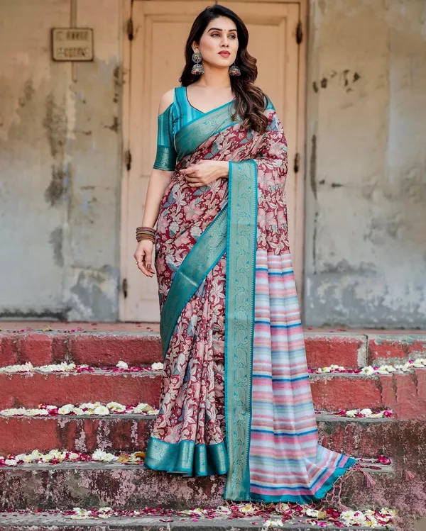 Maroon_and_Teal_Tussar_Silk_Saree_with_Floral_Zari_Weave_and_Striped_Pallu