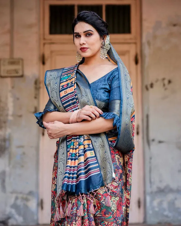 Multicolor_Tussar_Silk_Saree_with_Vibrant_Floral_Weaves_and_Striped_Pallu