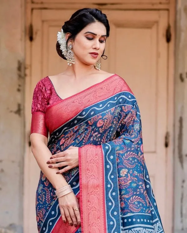 Teal_Blue_and_Coral_Tussar_Silk_Saree_with_Floral_Weaves_and_Geometric_Pallu